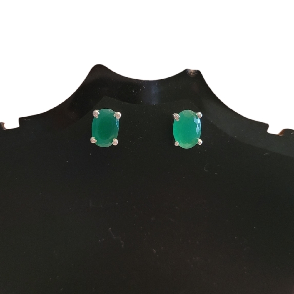 Green Onyx Oval Stud Earrings 925 Sterling Silver Minimalist Gemstone Jewelry